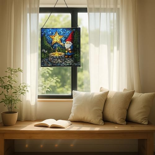 Starwell Gnome Wish Stained Glass Suncatcher – Square Hanging Window Panel for Home or Greenhouse – Whimsical Glass Art Gift for Garden Lovers, Christmas, Halloween, Father Days MZZ4pH - Image 7