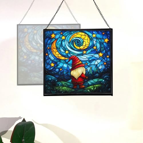 Starry Night Gnome Stained Glass Suncatcher – Square Hanging Window Panel for Home or Greenhouse – Whimsical Glass Art Gift for Garden Lovers, Christmas, Halloween, Father Days a2v77s - Image 4