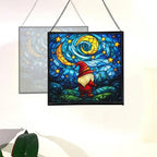 Starry Night Gnome Stained Glass Suncatcher – Square Hanging Window Panel for Home or Greenhouse – Whimsical Glass Art Gift for Garden Lovers, Christmas, Halloween, Father Days a2v77s - Image 4