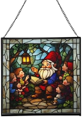 Gnome Storyteller Stained Glass Suncatcher – Square Hanging Window Panel for Home, Garden, Nursery, Halloween, Christmas, Memorial Day – Whimsical Glass Art Gift for Gnome Lovers 6ue5qx by Custom