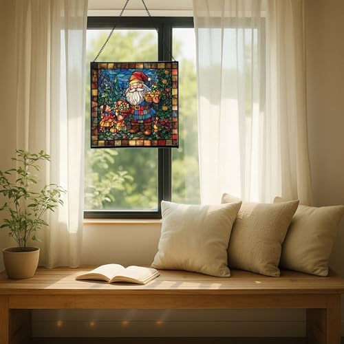 Gnome with Seasonal Celebration Stained Glass Suncatcher – Square Hanging Window Panel for Home, Garden, Nursery, Halloween, Christmas, Memorial Day – Whimsical Glass Art Gift for Gnome Lovers aovxtp - Image 7