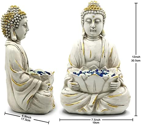 Goodeco Meditating Buddha Statue Sculpture - Outdoor Sitting Sculpture Decoration, Marble Finish with Lotus and Magical Glow in The Dark Pebbles and Glass Stones,Gift idea,White Color (12 inch) - Image 3