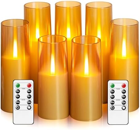 kakoya Flameless LED Candles Upgraded Realistic Flickering Flame,7Pcs Battery Operated Candles with Remote Timers,LED Pillar Candles for Home Decor,Christmas,and Parties（Gold） by FLAMELESSCANDLES