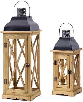 Venalys Farmhouse Wooden Metal Candle Lantern Set of 2, Rustic Large Decorative Floor Lanterns, Indoor/Outdoor Hurricane Lantern for Home Decor (No Glass) - Image 2