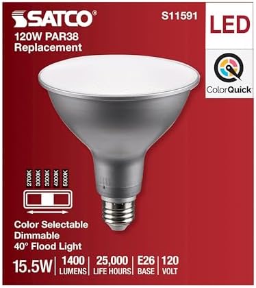 Satco S11591; 15.5 Watt PAR38 LED; Medium Base; Silver Finish; CCT Selectable; 120 Volt; 40 Degree Beam Angle; 15.5PAR38/LED/5CCT/FL/120V for Office, Store, Residencial, Commercial 6 LED Bulbs - Image 4
