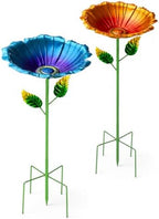 2 Pack Bird Baths for Outdoors, Metal Flower Garden Stakes, Blue & Orange by Unknown