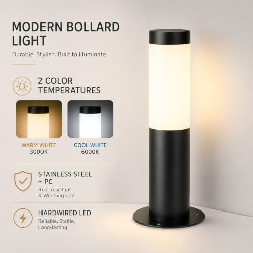 Hardwired Outdoor Bollard Light, Black Stainless Steel Cylinder Lamp - Image 3