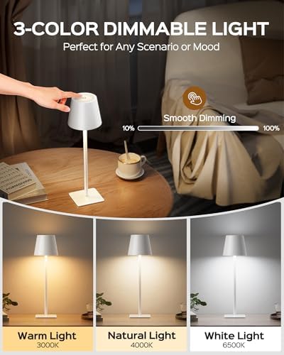 JACKYLED Cordless Lamp DIY Height, 3 Color Stepless Dimming, 5000Capactiy Opwer Operated Lamp Portable Rechargeable for Bedroom Dinning Kitchen, White, 2 Pack - Image 4