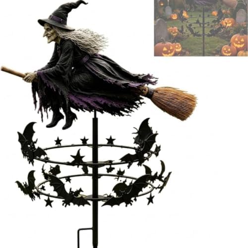 Halloween Witch Wind Spinner, 47" Metal Garden Stake with Rotating Spinning Wheels, Flying Witch Silhouette Art Decor, Spooky Outdoor Lawn Ornament for Halloween Patio Garden Pathway - Image 4