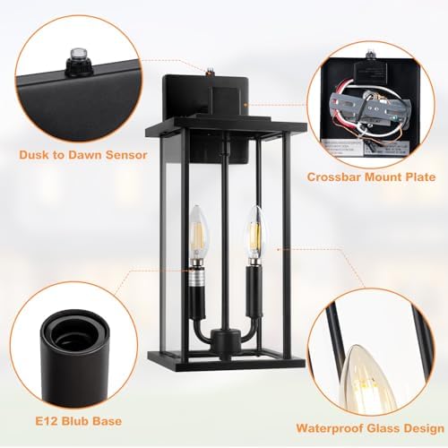 16in 2-Light Black Outdoor Wall Lights Dusk to Dawn Porch Light - Image 2