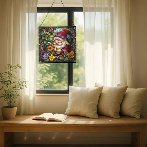 Gnome Making Flower Crowns Stained Glass Suncatcher – Square Hanging Window Panel for Home or Greenhouse – Whimsical Glass Art Gift for Garden Lovers, Christmas, Halloween, Father Days 4xTfjK - Image 7