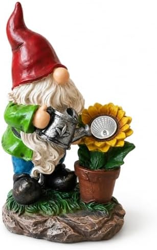 Solar Garden Gnome Statue with Sunflower Light, Resin Outdoor Yard Figurine Holding Watering Can for Lawn, Patio, Porch and Flower Bed Decor, 1-Piece by Unknown