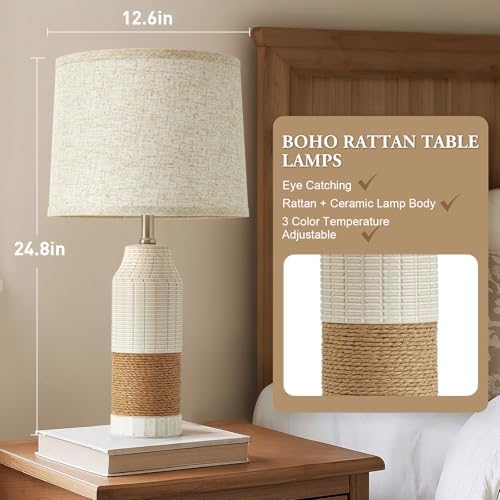 GyroVu Rattan Table Lamps Set of 2, Bedside Lamps for Bedroom Nightstand - Image 2
