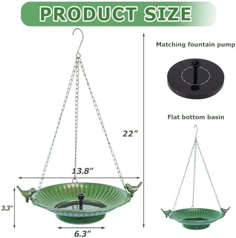 13" Hanging Bird Bath with Solar Fountain,Metal Solar Bird Bath (Green) - Image 3
