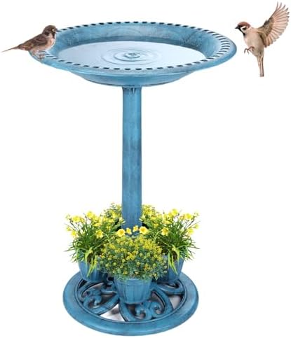 Bird Bath for Outside with 4 Removable Flower Planters 28in Polyresin Lightweight Vintage Birdbath for Outdoors Stake Standing Bowl and Water Feeder Yard Garden Decor Blue by Demeyad