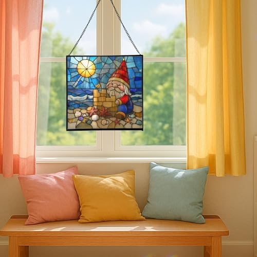 Beach Day Gnome Stained Glass Suncatcher – Square Hanging Window Panel for Home or Greenhouse – Whimsical Glass Art Gift for Garden Lovers, Christmas, Halloween, Father Days GWNf1E - Image 5