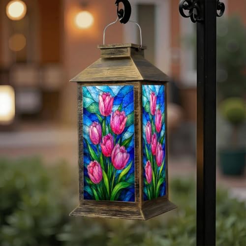 Solar Lantern Colorful Stained Glass Window Outdoor Waterproof Garden Hanging Lantern Solar Powered Lighting Outside Solar Light for Patio Yard Camping, Gifts for Women Mom - Image 6