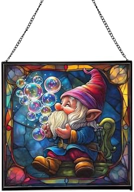 Gnome with Soap Bubbles Stained Glass Suncatcher – Square Hanging Window Panel for Home or Greenhouse – Whimsical Glass Art Gift for Garden Lovers, Christmas, Halloween, Father Days 4O54kD by Custom