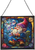 Gnome with Soap Bubbles Stained Glass Suncatcher – Square Hanging Window Panel for Home or Greenhouse – Whimsical Glass Art Gift for Garden Lovers, Christmas, Halloween, Father Days 4O54kD by Custom