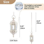 2 Pcs Moroccan Lantern Metalwork Hanging Tealight Candle Holder Metal Glass Indoor Outdoor Battery Operated LED Flameless with 35cm Chain, White - Image 5