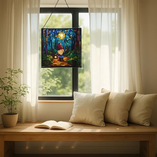 Starglow Gnome Trail Stained Glass Suncatcher – Square Hanging Window Panel for Home or Greenhouse – Whimsical Glass Art Gift for Garden Lovers, Christmas, Halloween, Father Days a6IQYm - Image 7