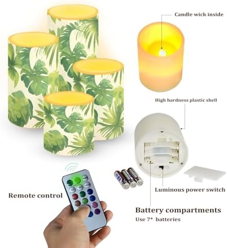 4Pcs Flameless Candles with Remote and Timers Green Leaves Flickering Battery Operated Candles Waterproof Outdoor Flameless LED Pillar Lights for Outdoor Indoor Decorations - Image 2