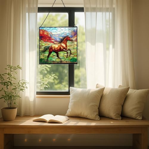 Brown Mustangs Horse cantering Through Open Canyon Floor Square Suncatcher – Stained Glass Style Window Panel with Pastoral Scene, Custom Decorative Hanging Art for Equestrian Home, Christmas ZSuxkT - Image 7