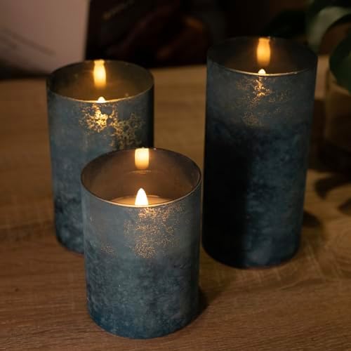 Blue Flameless Candles with Remote Ocean Glass LED Pillar Candles Set of 3 - Image 5