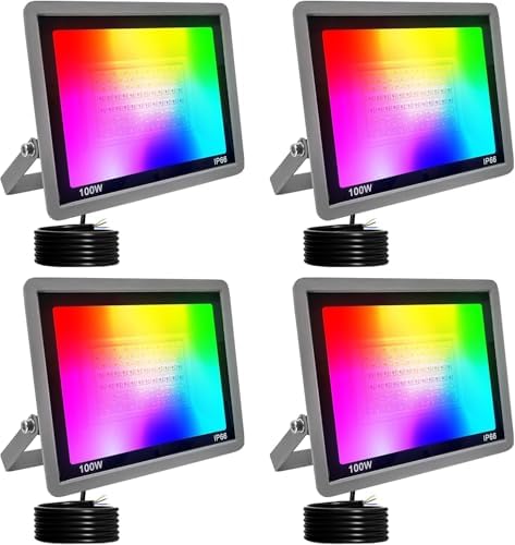 RGBCW LED Floodlight Outdoor 100W,Smart Colour Changing Wall Washer With APP Control/Music Sync/Timer/Dimmable/500W Equivalent/IP66 Waterproof Disco Light For Party,Garden,Halloween(4pcs,100W) by Unknown