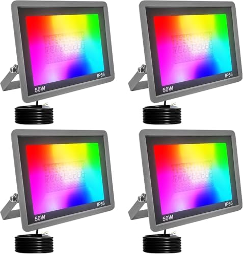 RGBCW LED Floodlight Outdoor 100W,Smart Colour Changing Wall Washer with APP Control/Music Sync/Timer/Dimmable/500W Equivalent/IP66 Waterproof Disco Light for Party,Garden,Halloween(4pcs,50W) by Unknown
