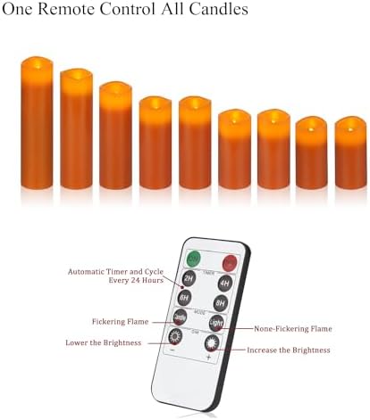 Vinkor Flameless Candles Battery Operated Candles Real Wax Pillar LED Candles with 10-Key Remote and Cycling 24 Hours Timer (Orange Set of 9) - Image 6
