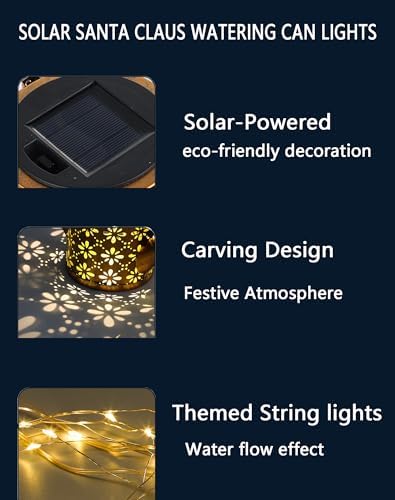 Christmas Solar Kettle Lights Garden Lawn Decorative Lights, Santa Kettle Ground Lamp, Solar Santa Kettle Light, Metal Solar Watering Can, Outdoor Garden Decoration for Pathway Yard Patio (Warm White) - Image 4