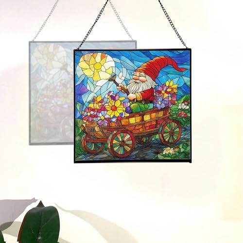 Gnome in a Wagon Ride Stained Glass Suncatcher – Square Hanging Window Panel for Home or Greenhouse – Whimsical Glass Art Gift for Garden Lovers, Christmas, Halloween, Father Days KkTJmY - Image 4