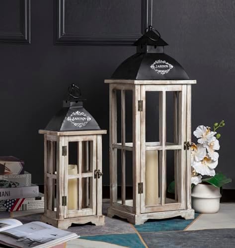 Set of 2 Large Decorative Wooden Metal Lanterns, Farmhouse Rustic Floor Candle Lanterns, Indoor/Outdoor Hanging Lanterns for Home Decor (No Glass) - Image 6