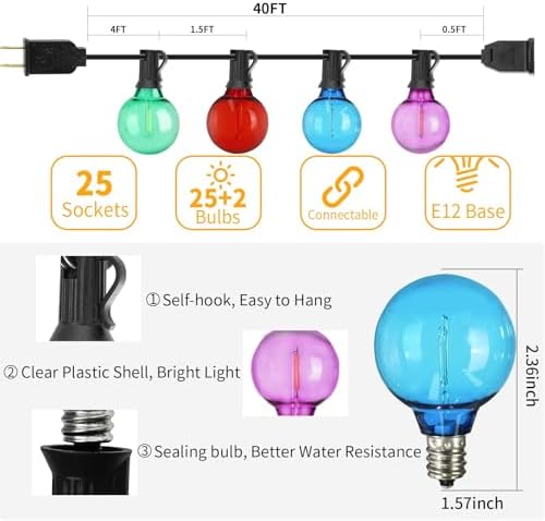 40 ft 25 Multicolor G40 LED Outdoor String Light, Plug-in Globe Patio Light - Image 5