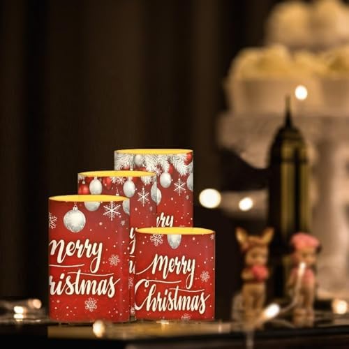 GLENLCWE Red Merry Christmas Led Battery Operated Flameless Candles Set of 4 Flickering Pillar Candles (H 3" 4" 5" 6" x D 3") Remote Control Candle with 4/8 Hour Timer - Image 2