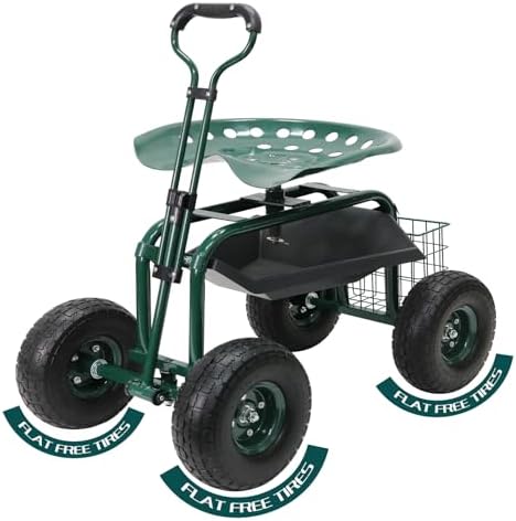 BDL Garden Cart Outdoor Rolling Garden Workseat with Wheels, Heavy Duty Garden Tool Cart with Extendable Handle and Storage for Seniors Yard Gardening Work by BDL