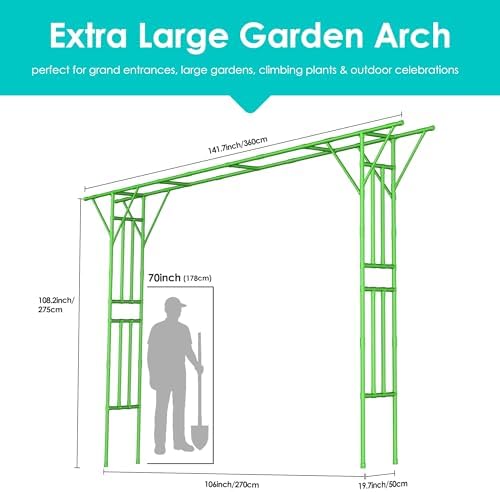 Twira Flat Top Garden Arch Trellis, 11FT x 9FT Extra Large Garden Trellis for Climbing Plants Outdoor, 141.7in x 108in PE-Coated Metal Arbor Archway for Roses,Wisteria,Wedding,Patio Decoration Green - Image 2