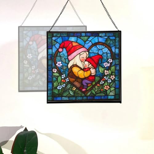 Gnome Hugging Child Stained Glass Suncatcher – Square Hanging Window Panel for Home, Garden, Nursery, Halloween, Christmas, Memorial Day – Whimsical Glass Art Gift for Gnome Lovers abowiz - Image 4