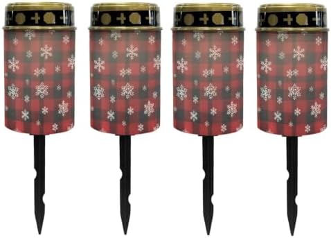 Poceacles Flameless Candle Solar Powered Grave Outdoor Lights Cemetery Candle Flameless Fake LED Pillar Lights Outdoor Christmas Decoration, Christmas Plaid Snowflake Red Black, 4 Pcs by Poceacles