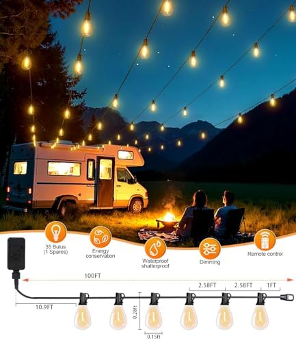 Tenmiro 100FT LED Outdoor String Lights with Remote, 35+ 1 Shatterproof Bulbs Waterproof and Dimmable Patio Lights for Porch, Garden, Backyard, Deck, Balcony, Hanging Lighting Decor - Image 6