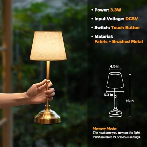 Cordless Table Lamp, Rechargeable Desk Lamp with Fabric Shade, 5400mAH Battery Operated 3 Color Stepless Dimming, Portable Touch Bedside Lamp Home Decor for Dining, Counter (Brushed Gold) - Image 6