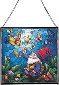 Gnome with Butterfly Friends Stained Glass Suncatcher – Square Hanging Window Panel for Home or Greenhouse – Whimsical Glass Art Gift for Garden Lovers, Christmas, Halloween, Father Days uDX7Wi by Custom