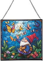 Gnome with Butterfly Friends Stained Glass Suncatcher – Square Hanging Window Panel for Home or Greenhouse – Whimsical Glass Art Gift for Garden Lovers, Christmas, Halloween, Father Days uDX7Wi by Custom