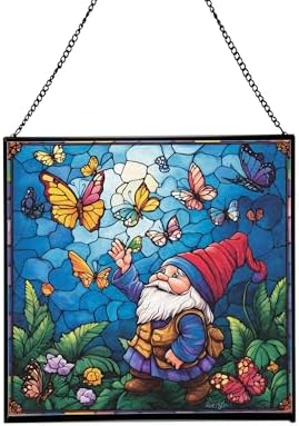 Gnome with Butterfly Friends Stained Glass Suncatcher – Square Hanging Window Panel for Home or Greenhouse – Whimsical Glass Art Gift for Garden Lovers, Christmas, Halloween, Father Days uDX7Wi by Custom