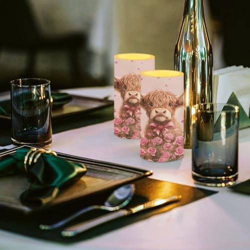 Floral Highland Cow Flameless Candles Battery Operated Flameless Candles with Timer Remote LED Real Wax Pillar Lights for Valentine's Day Home Decor Battery Tea Lights - Image 4