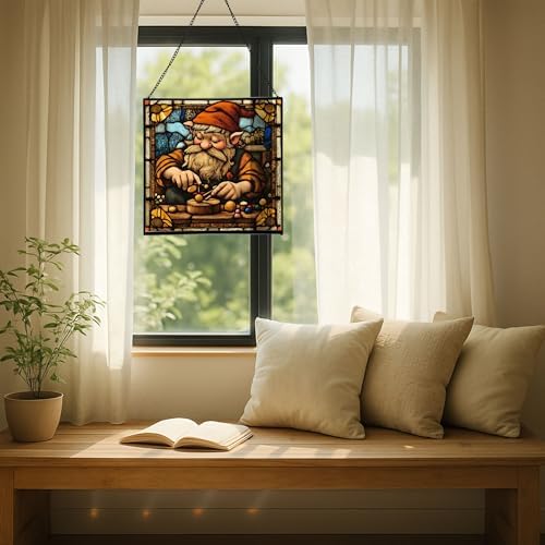 Gnome with Wooden Toys Stained Glass Suncatcher – Square Hanging Window Panel for Home, Garden, Nursery, Halloween, Christmas, Memorial Day – Whimsical Glass Art Gift for Gnome Lovers q52w30 - Image 7