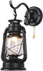 Kerosene Lantern Pull Chain Sconce Vintage Lantern Wall Lamp,Metal Transparent Glass Lampshade by PULNFIY