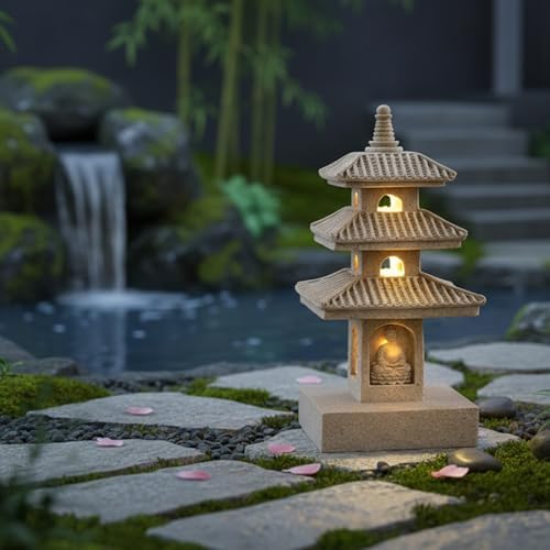 Pagoda Garden Statue, 10 Inch Weatherproof Solar Garden Decor, LED Light Zen Japanese Lantern for Backyard Balcony Patio Lawn Yard, Khaki Pagoda Statue - Image 4