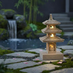 Pagoda Garden Statue, 10 Inch Weatherproof Solar Garden Decor, LED Light Zen Japanese Lantern for Backyard Balcony Patio Lawn Yard, Khaki Pagoda Statue - Image 4